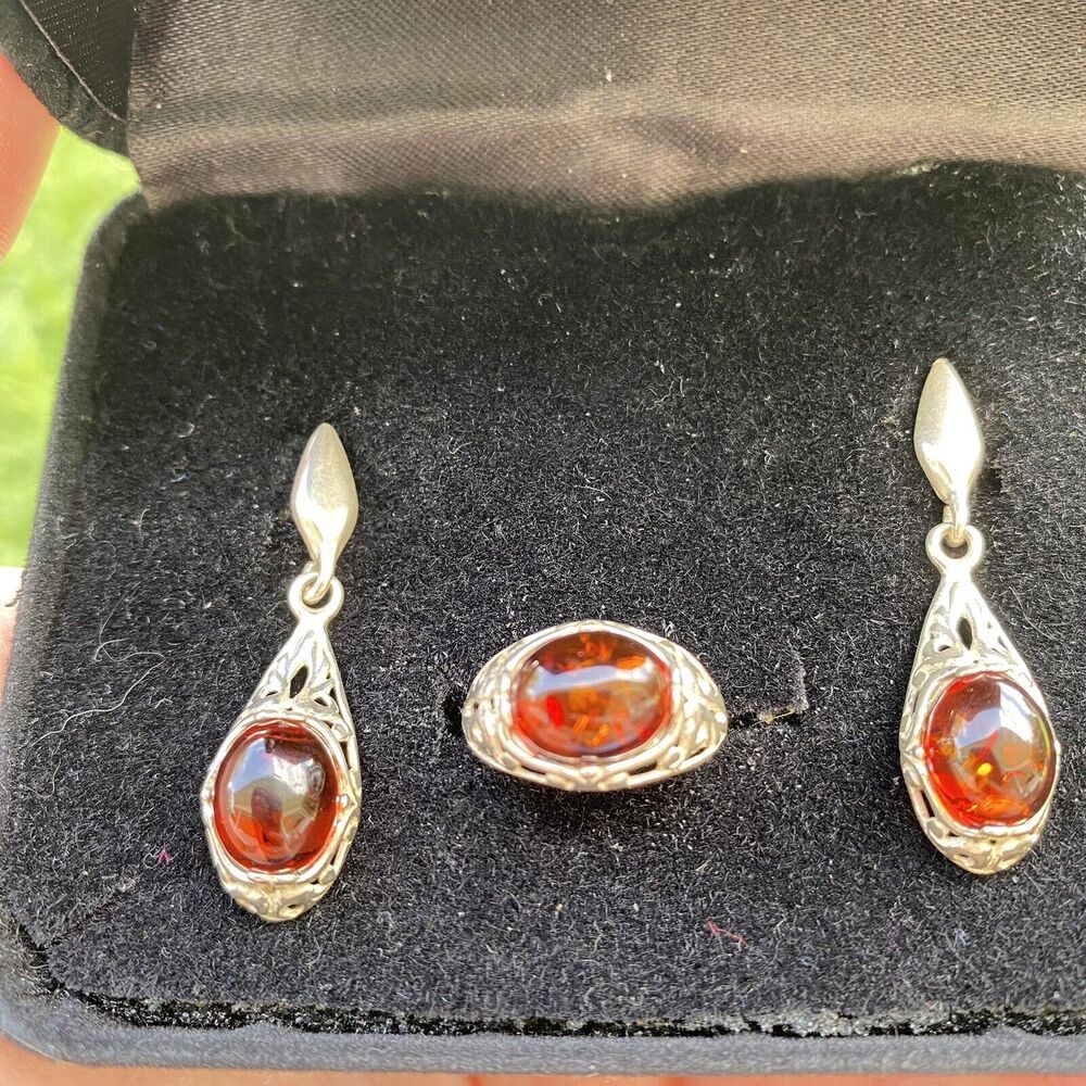 VTG Valerio Stamped Baltic Amber Sterling Silver Ring & Earrings Set, Ring Sz 5
